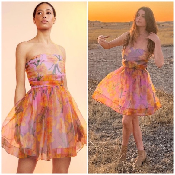 Cynthia Rowley Daffodil-strapless-organza-dress floral print size 8 - Picture 1 of 13